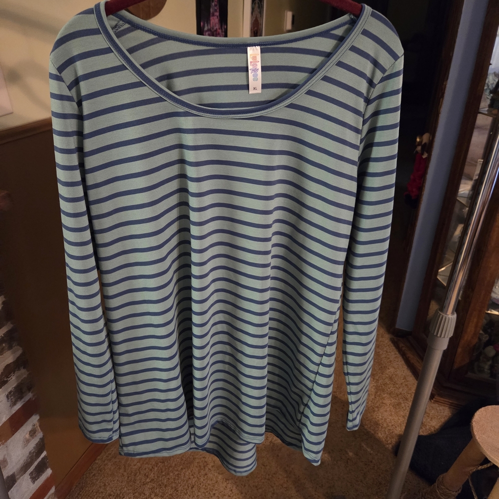 LuLaRoe Striped Long Sleeve Scoop Neck Top - Teal and Navy